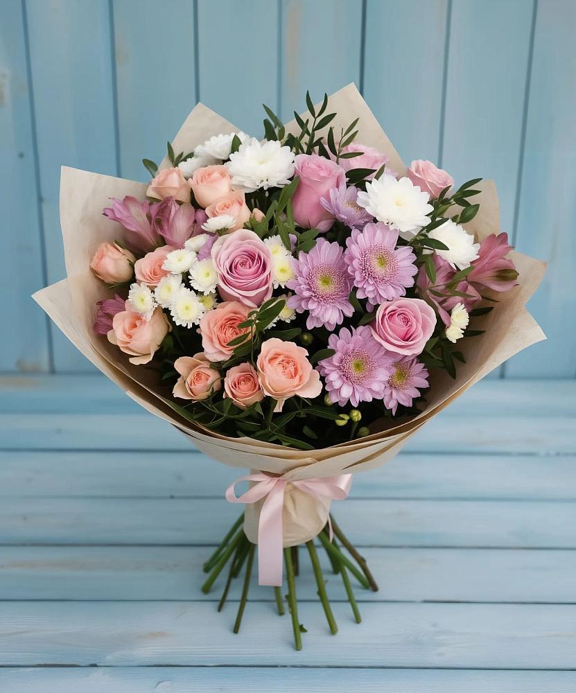Букет цветов из: Хризантемы, Розы и Альстромерии в Восходе