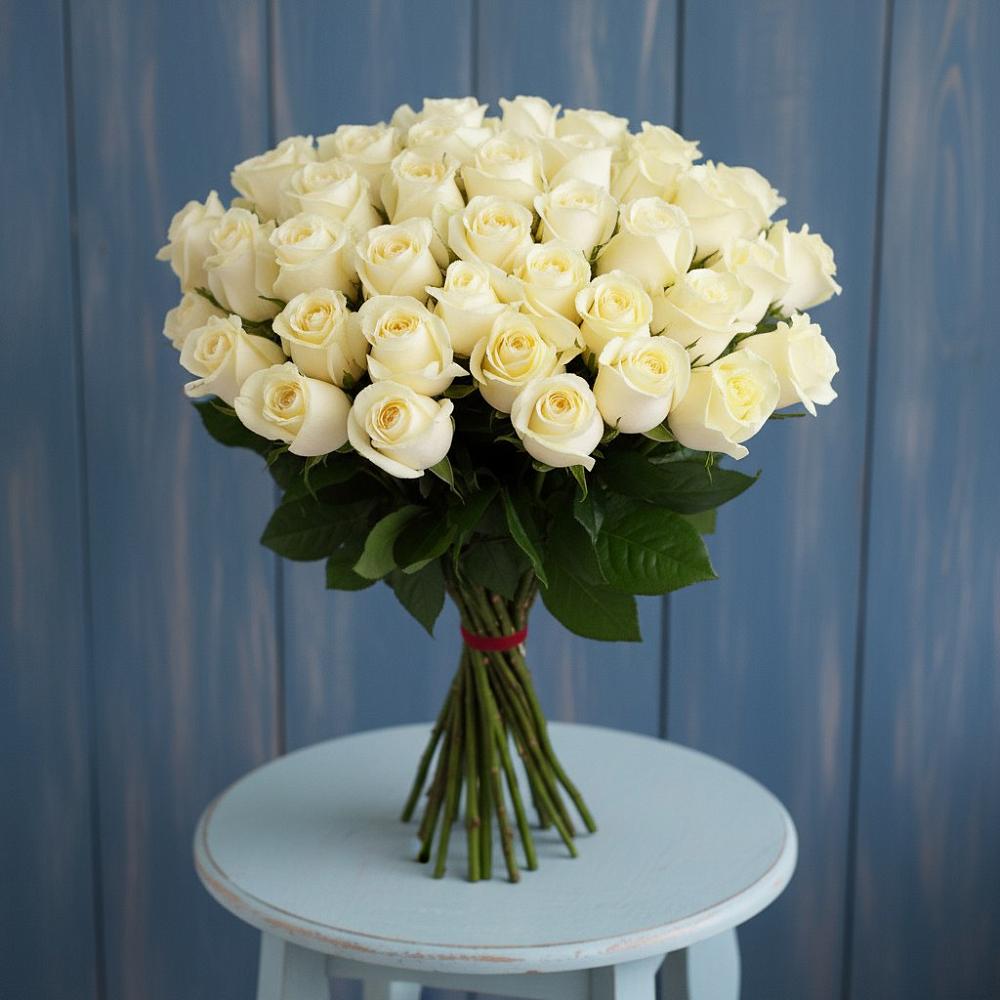 Букет 51 Белая роза Эдлесс Лав в Восходе