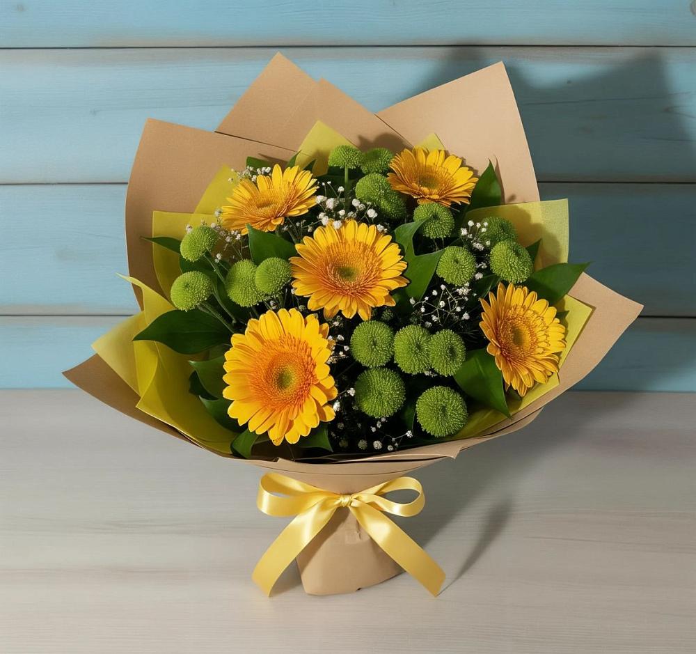 Букет цветов из: Герберы и Хризантемы в Восходе