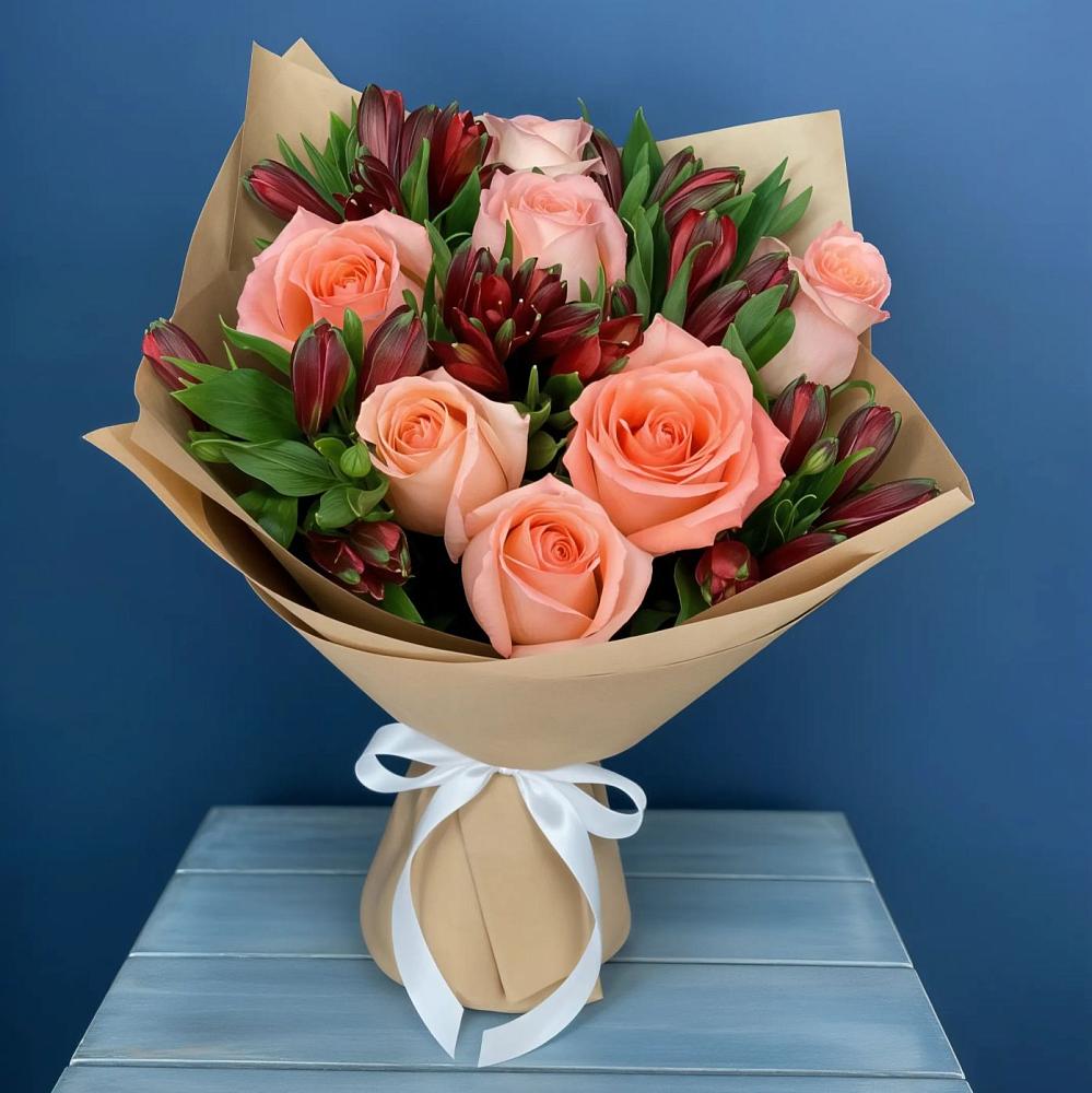 Букет цветов из: Розы и Альстромерии в Восходе