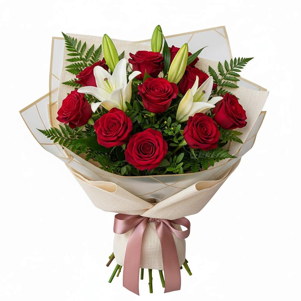 Букет цветов из: Лилии и Розы в Восходе