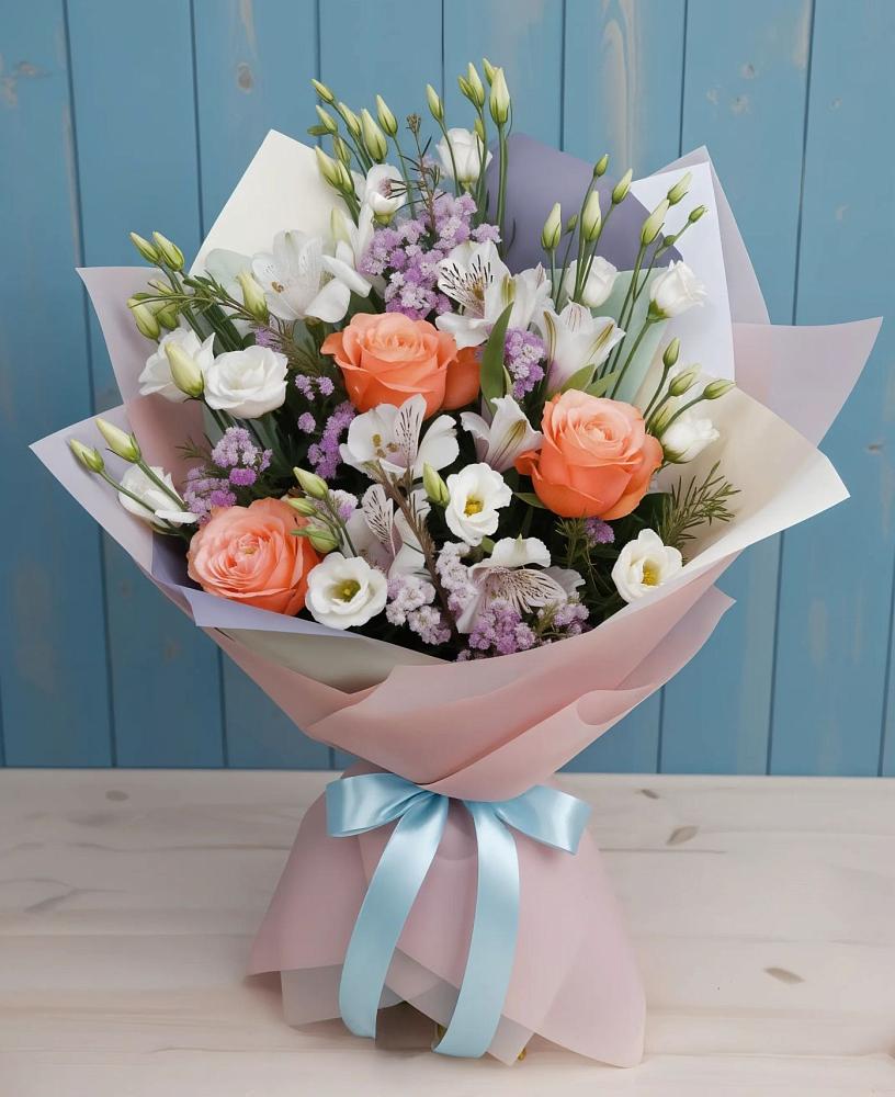 Букет цветов из: Лизиантусы, Розы, Альстромерии и Гипсофила в Восходе