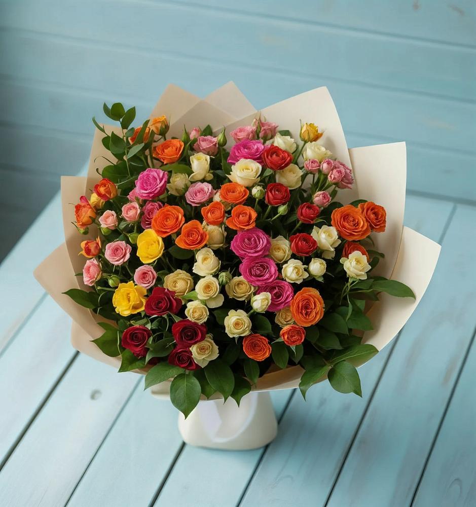 Букет Микс из разноцветных кустовых роз в Восходе