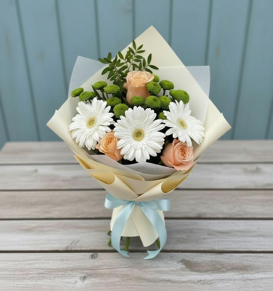 Букет цветов из: Герберы, Розы и Хризантемы в Восходе