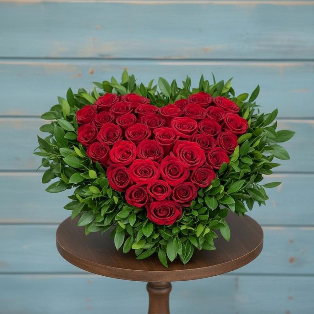 Цветочная композиция из Розы в виде сердца в Восходе