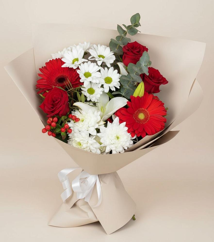 Букет цветов из: Розы, Хризантемы, Герберы и Лилии в Восходе