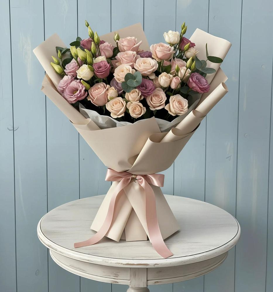 Букет цветов из: Розы и Лизиантусы в Восходе