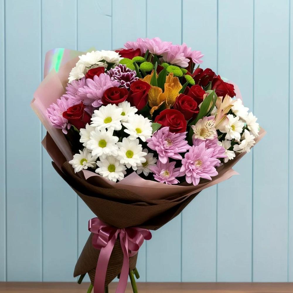 Букет цветов из: Розы, Хризантемы и Альстромерии в Восходе