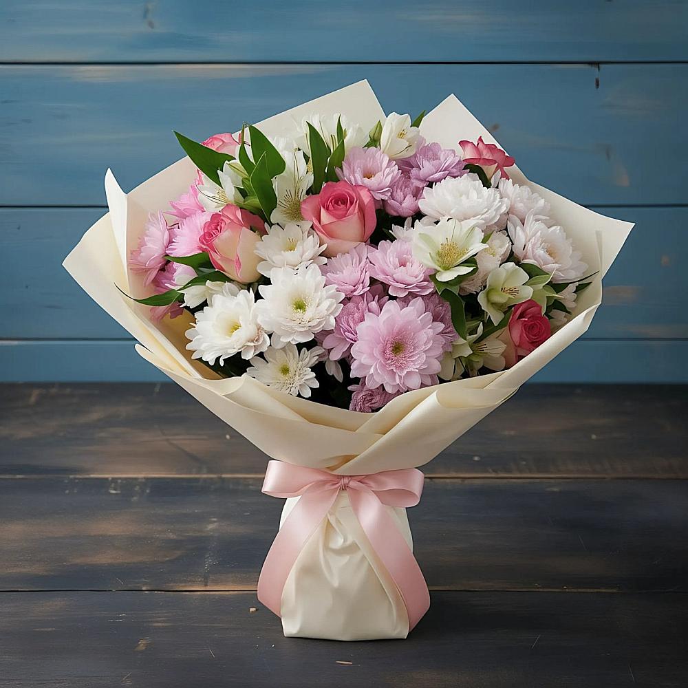 Букет цветов из: Хризантемы, Альстромерии и Розы в Восходе